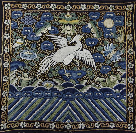 A Chinese embroidered silk silver pheasant rank badge, late 19th century, 29 x 31cm